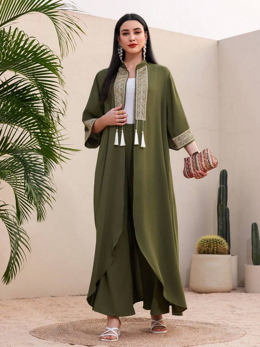 Al Najma Women's Fringe Trim Open Front Jacket And Pants Set - Dark Green - View 1