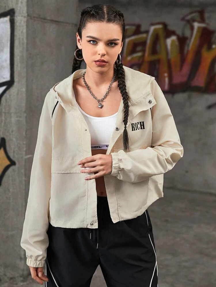 Color Block Letter Print Hooded Sports Jacket