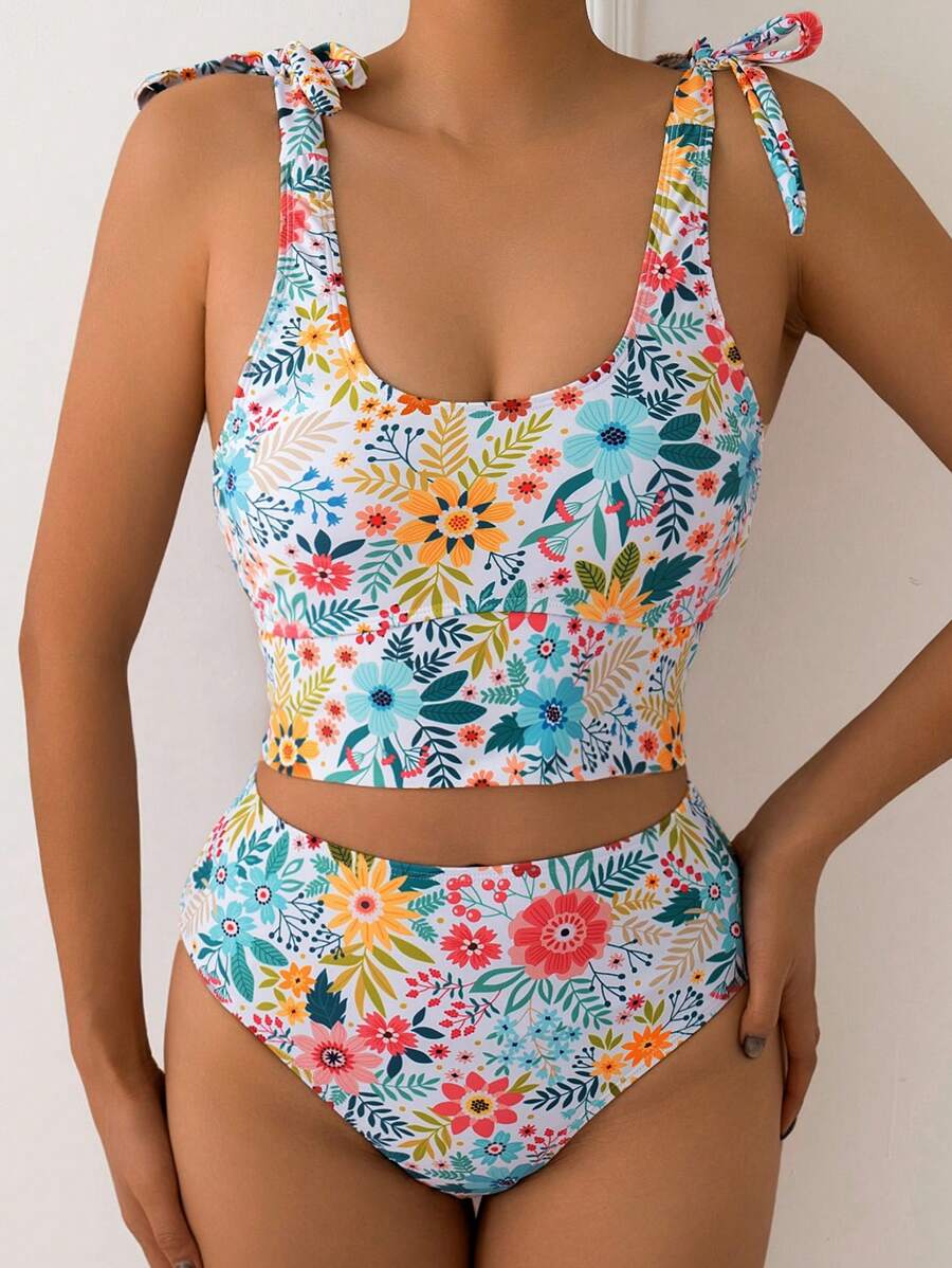 SHEIN Swim 夏季沙灘女士全身植物印花打結肩帶泳衣背心上衣和泳裝下褲