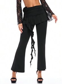 SHEIN BAE 女款褶皺2-in-1花邊超低腰長褲 - 黑色 - 查看 4