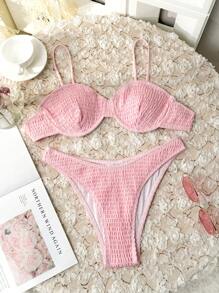 SHEIN Swim Women's Push-Up Bikini Set With Spaghetti Straps And Separated Bottoms Summer Beach - Pink - View 5