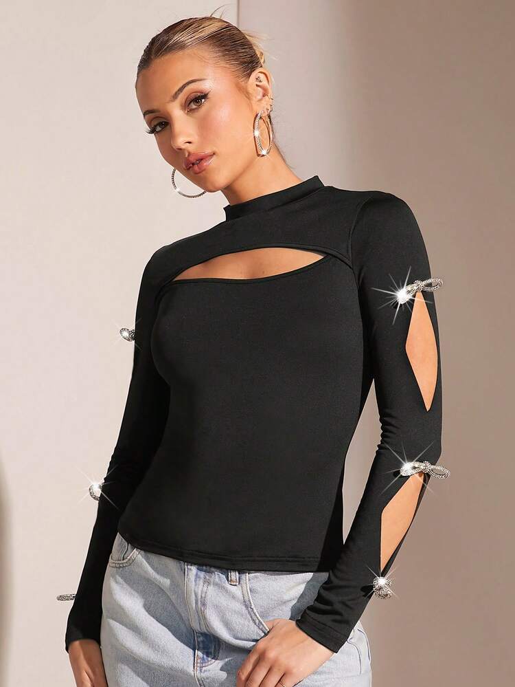 Women's Hollow Out Butterfly Rhinestone Decor Tight T-Shirt