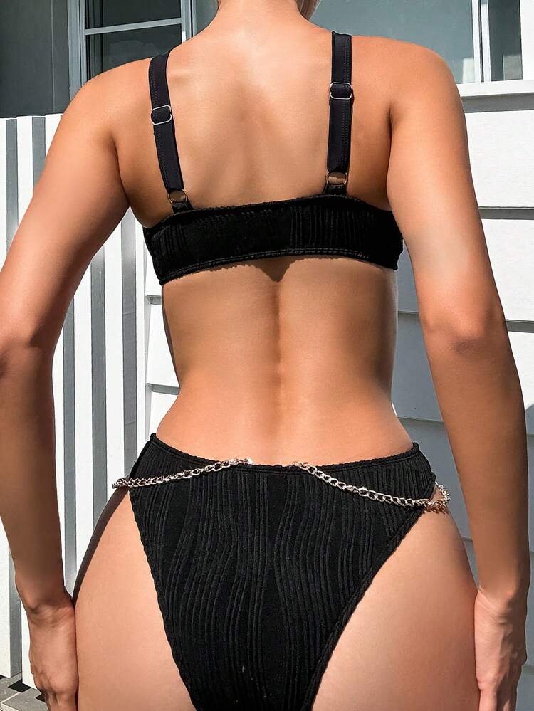 Ladies' Textured Hollow Out One-Piece Swimsuit With Cut Out Waist Design Summer