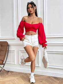 SHEIN WYWH 女士露肩鐘形袖短上衣 - 紅色 - 查看 4