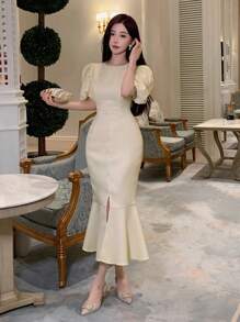 DAZY Vestido de verano de Body ceñido con manga abullonada y bajo de cola de sirena de unicolor para mujer, vestidos formales de mujer para fiesta y vestidos elegantes de mujer - Beis - Ver 2