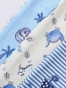 SHEIN 嬰兒男童可愛恐龍條紋印花純色連體褲,腳套帶側扣居家裝,3件/套 - 彩色 - 查看 4