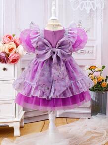 SHEIN 少女花卉印花拼接蓬蓬袖連衣裙 - 紫色 - 查看 2