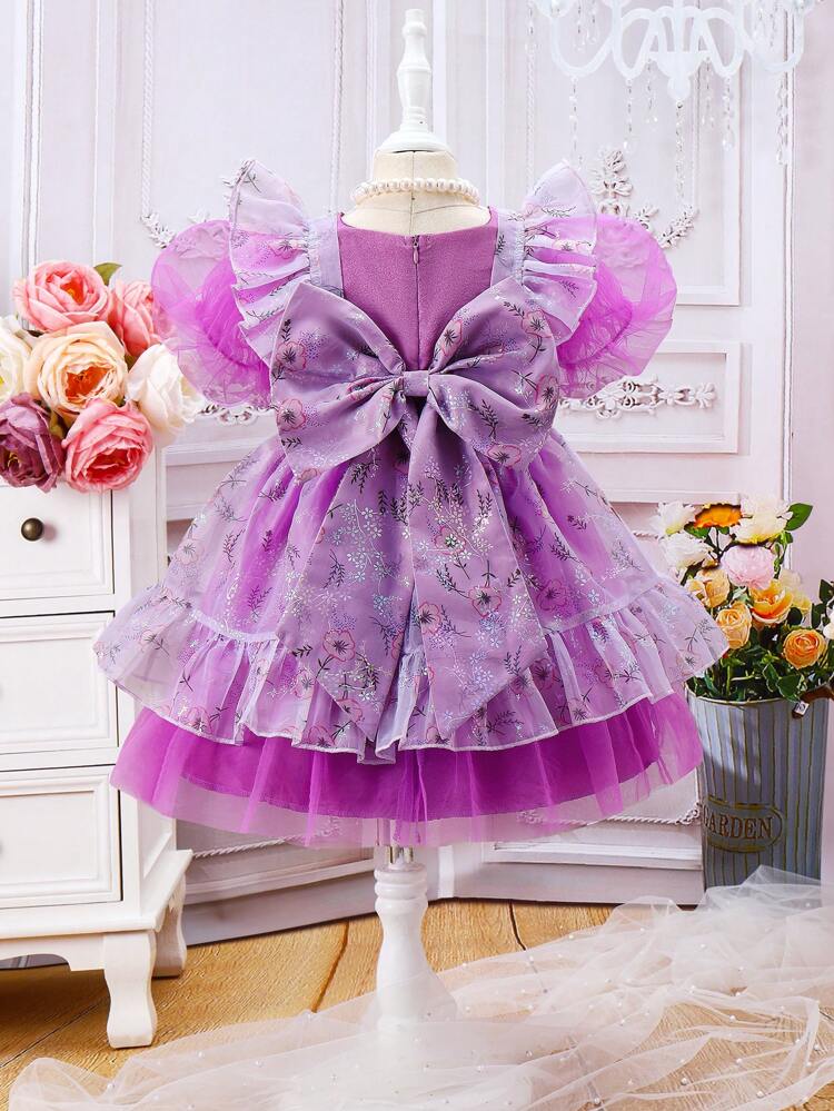 Young Girls' Floral Printed Patchwork Puff Sleeve Dress