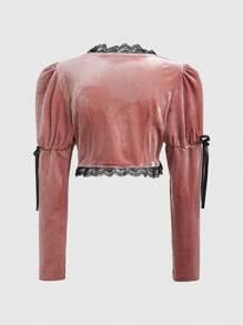 ROMWE Goth Tương phản Màu sắc Trang trí ren Nhung Quần skinny Áo Với Bowknot , Và Buộc Đồ trang trí - Hồng - Xem 2