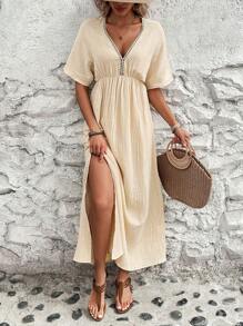 SHEIN LUNE 女款蝙蝠袖百褶連身裙 - 杏色 - 查看 6