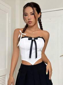 SHEIN Unity Tương phản Màu sắc Bowknot & Ren Trang trí Ngắn Chiều dài Áo không dây - trắng - Xem 4