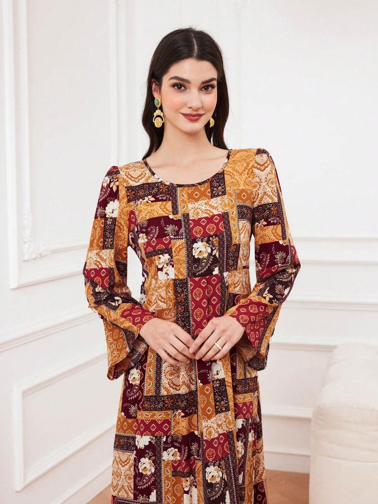 Women's Patchwork Printed Bubble Sleeve Arabic Style Dress