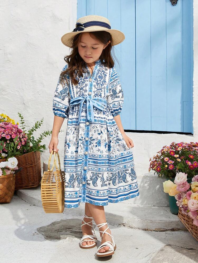 Young Girl's Peplum Stand Collar Print Midi Dress