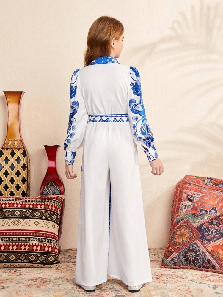 Tween Girl Loose Fit Cute Lapel Collar Vintage Printed Bubble Sleeve Long Jumpsuit