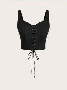 SHEIN Essnce Top De Tanque Frontal De Punto De Costilla Sólida Con Cordones - Negro - Ver 1