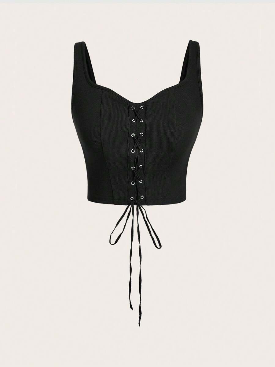 SHEIN Essnce Top De Tanque Frontal De Punto De Costilla Sólida Con Cordones - Negro - Ver 1