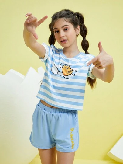 Gudetama X SHEIN Tween Girl Cartoon And Striped Print Tee And Shorts Set