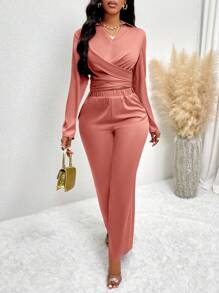 SOLERSUN Cross Wrap Detail Long Sleeve Top And Elastic Waist Pants Two Pieces Set - Dusty Pink - View 1