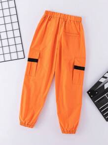 SHEIN Tween Boys' Spring/Summer Letter Print & Woven Tape Patchwork Jogger Pants - Orange - View 2