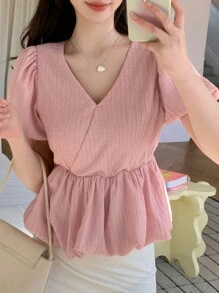 DAZY 女式纯色泡泡袖和泡泡下摆衬衫，荷叶边 - 粉色 - 查看 3