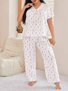 Conjunto De Ropa Para El Hogar Con Adornos De Encaje Y Patchwork Con Estampado De Tulipanes Románticos De Talla Grande