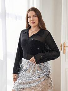 SHEIN Privé Blus Ukuran Plus Sheer Tombol Depan Plain Pesta - Hitam - View 4