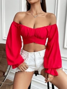 SHEIN WYWH 女士露肩鐘形袖短上衣 - 紅色 - 查看 1