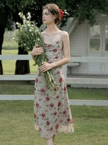 Simple Retro Women's Floral Print Plunging Neck Mesh Slip Dress - Apricot - View 3