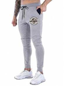 SHEIN Men's Letter Print Drawstring Waist Sports Pants - Grey - View 3