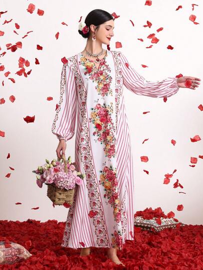 Divindia Striped Spliced Floral Printed Lantern Sleeve Dress