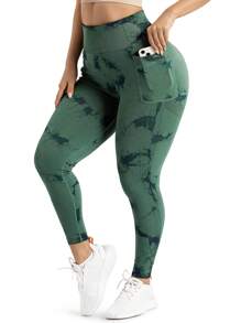 Easithlete Kích thước lớn Của phụ nữ Liền mạch Nhuộm buộc Quần Xà cạp thể thao Với Túi - màu xanh lá - Xem 5