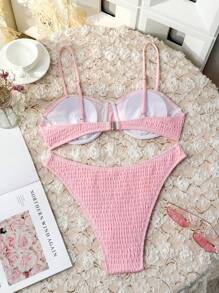 SHEIN Swim Women's Push-Up Bikini Set With Spaghetti Straps And Separated Bottoms Summer Beach - Pink - View 4