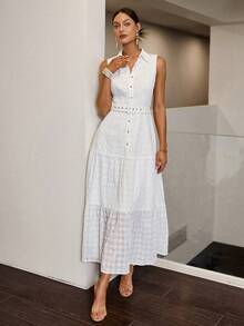 Sollinarry 女士夏季休闲度假刺绣无袖单排扣长裙，音乐节，可爱