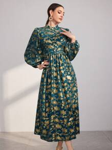 Modelyn Women's Lantern Sleeve Arabian Style Dress With Gold Print