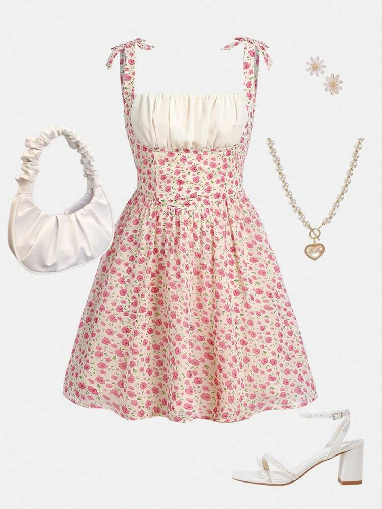 Teenage Girl's Woven Splicing Patchwork Floral Pattern Cami Dress