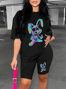 VaVaBold 女士卡通圖案短袖t卹和騎行短褲2片套裝 - 黑色 - 查看 1