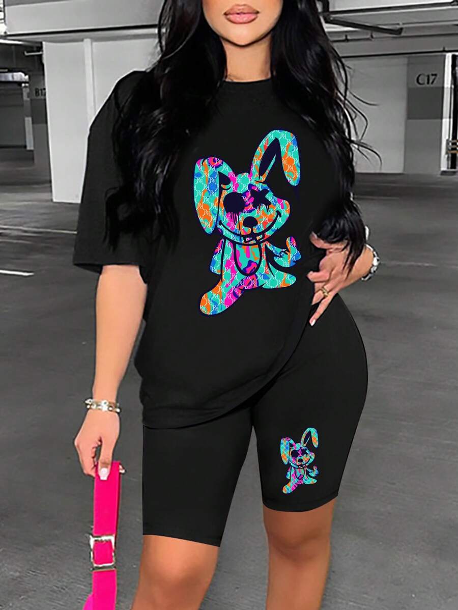 VaVaBold 女士卡通圖案短袖t卹和騎行短褲2片套裝 - 黑色 - 查看 1