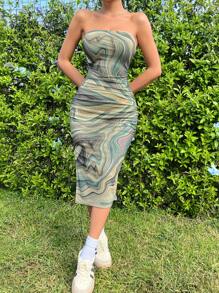 SHEIN EZwear Printed Mesh Strapless Bodycon Dress For Women