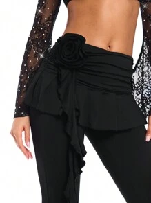 SHEIN BAE 女款褶皺2-in-1花邊超低腰長褲 - 黑色 - 查看 7