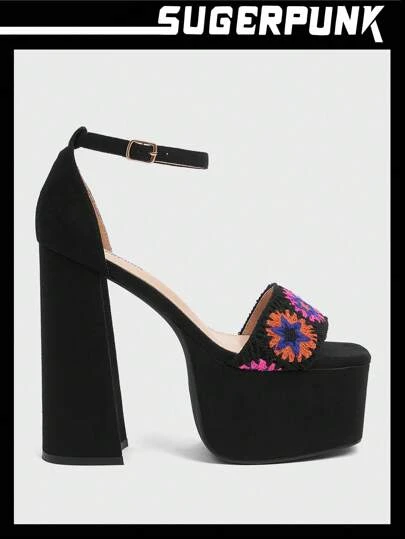 Sugerpunk 黑色防水厚底涼鞋,配粗跟和腳踝帶