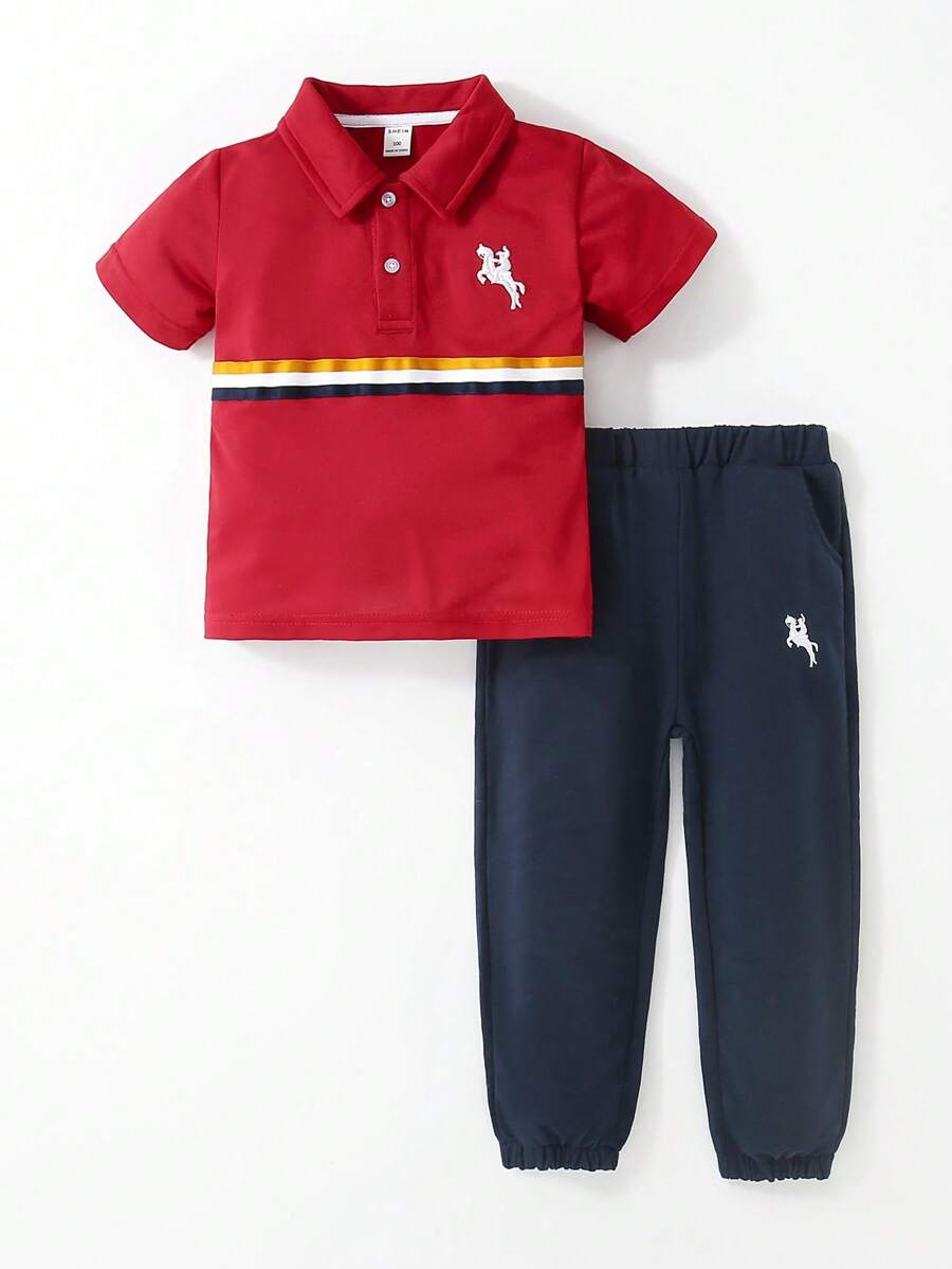 SHEIN 2pcs/Set Young Boy's Striped Short Sleeve Polo Shirt With Embroidery Detailing And Pants - Burgundy - View 1
