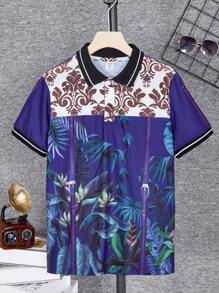 SHEIN Tween Boys' Tropical Print Short Sleeve Polo Shirt For Vacation Style - Black - View 1