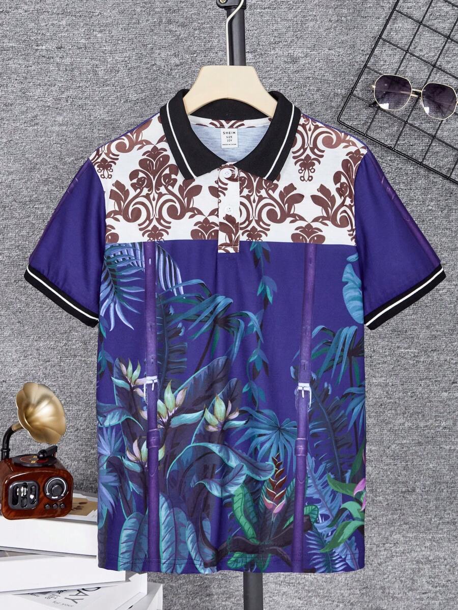 SHEIN Tween Boys' Tropical Print Short Sleeve Polo Shirt For Vacation Style - Black - View 1