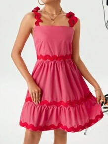 Chiquease Vestido de mujer con nudo en el hombro y bloque de color - Rosa Fucsia - Ver 6