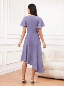 Modelyn Women's Decorative Button Asymmetrical Hem Ruffle Hem Dress - Purple - View 2