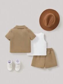 SHEIN Babyjongen Effen kleur Vest DUBBELE KNOPENRIJ Shirt Effen kleur Shorts 3 st./set