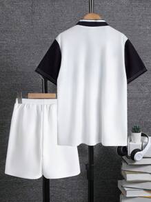 Tween Boy kleurblok top met letterprint en shorts met nummerprint