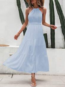 Breezaya Của phụ nữ Màu thuần Xếp li Halterneck Đầm - Màu xanh nhạt - Xem 4