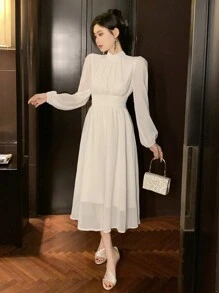 DAZY 纯色系带长袖连衣裙，饰有荷叶边，适合女士，可作生日、新年、舞会礼服、秋季服装等优雅女装。 - 米色 - 查看 3