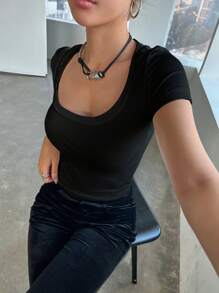 DAZY Women's Ribbed Short Sleeve T-Shirt - Black - View 3